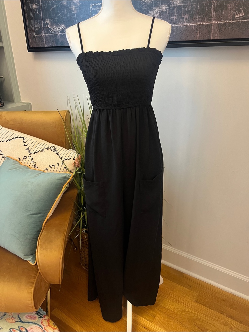 Black Smocked Strap Maxi Pant Romper